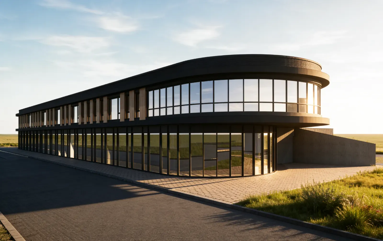 Architektonická vizualizace administrativní budovy se skleněnou fasádou