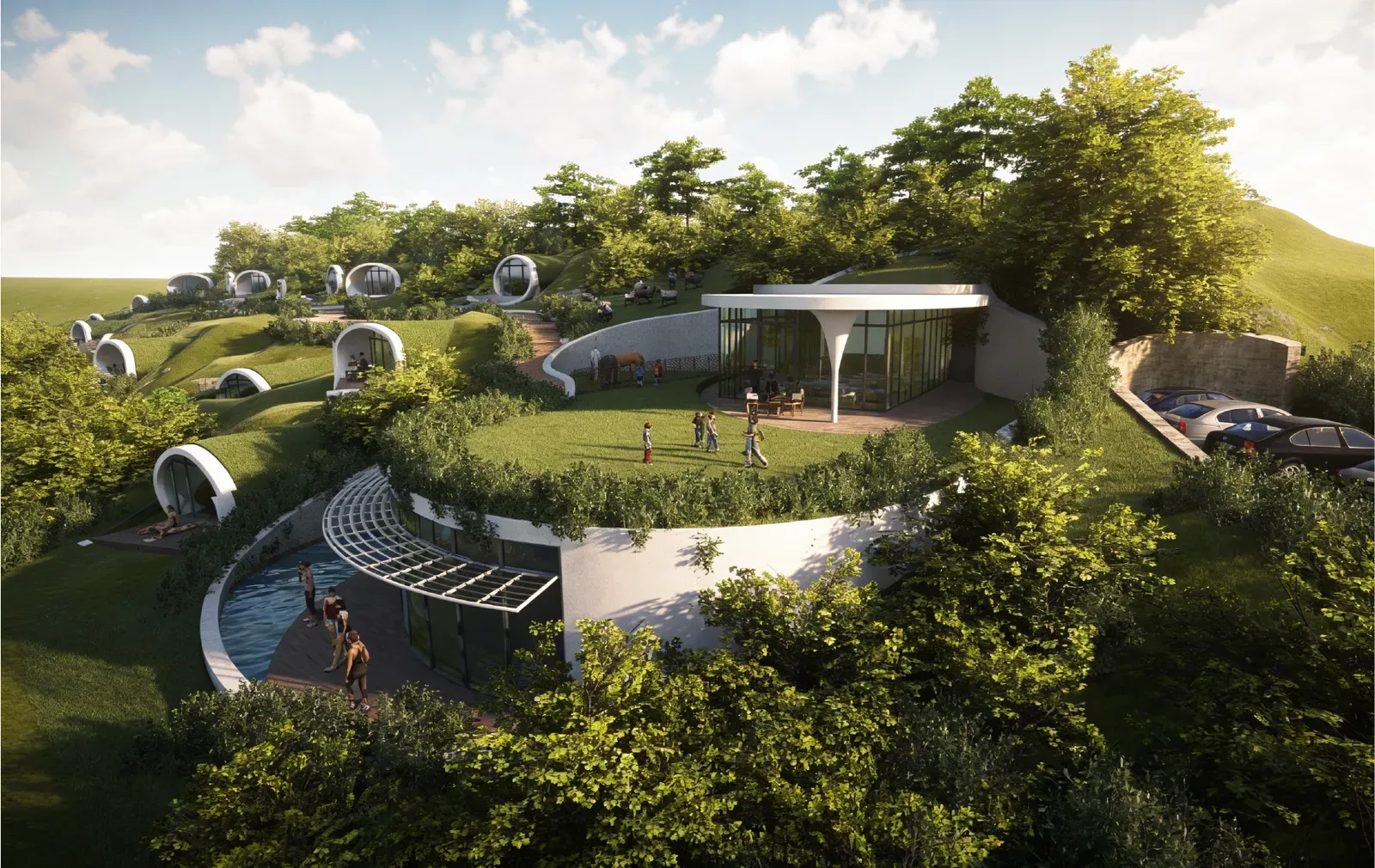 Architektonická vizualizace rekreačního areálu v zelené krajině